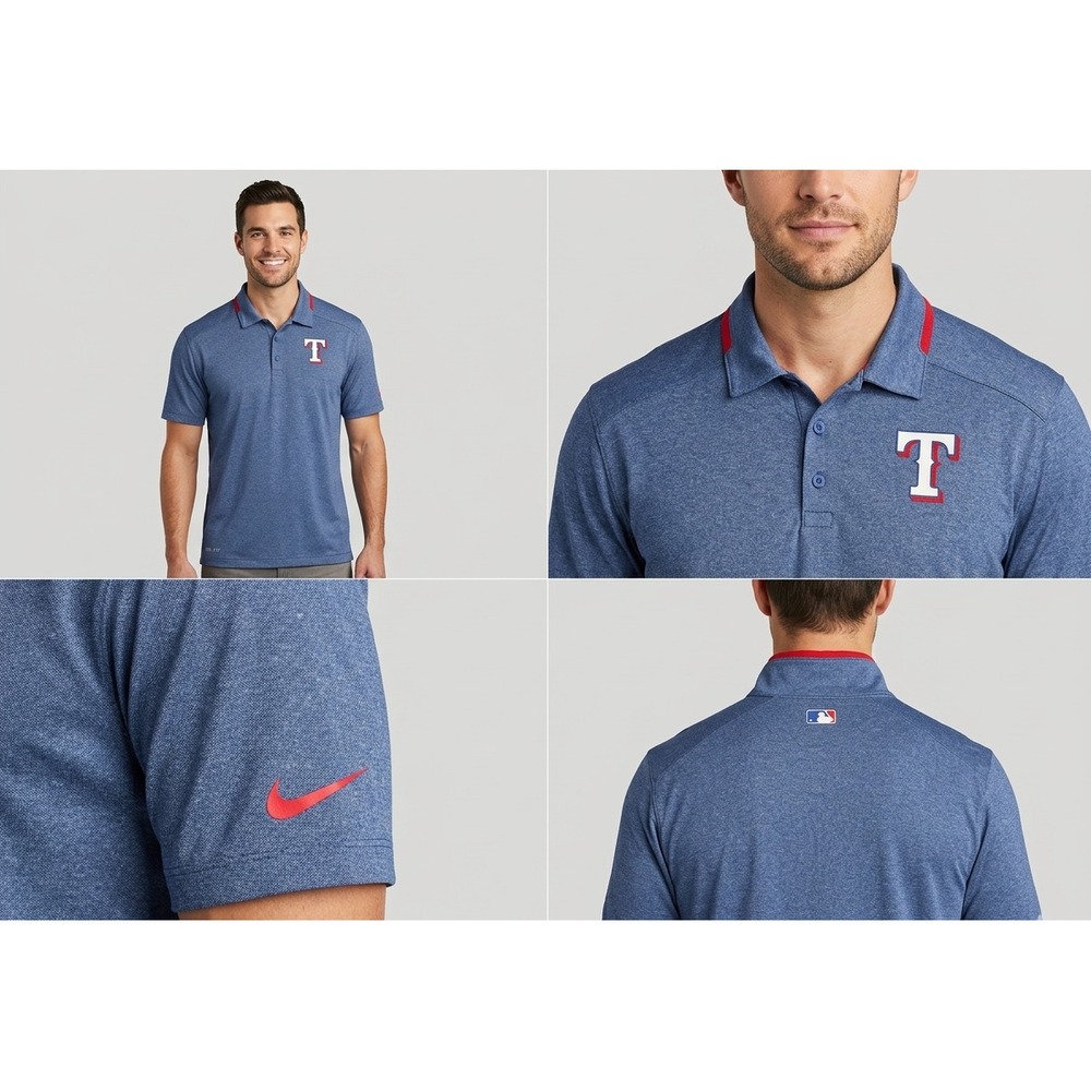 Nike Dri-FIT Texas Rangers MLB Polo Shirt Mens Heather Blue Short Sleeve Logo